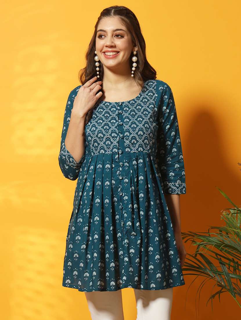 women teal floral printed flared tunic - 20996199 - Zoom Image - 0