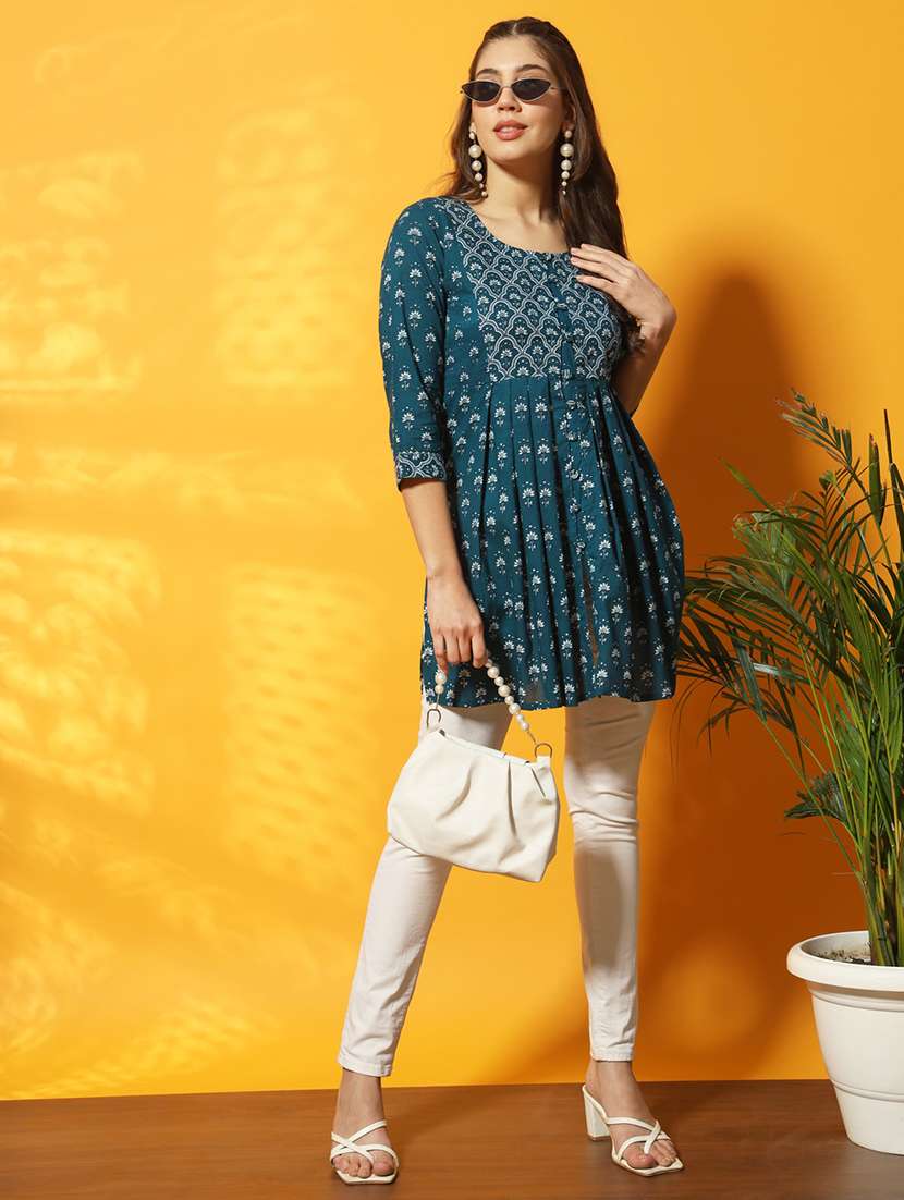 women teal floral printed flared tunic - 20996199 - Standard Image - 3