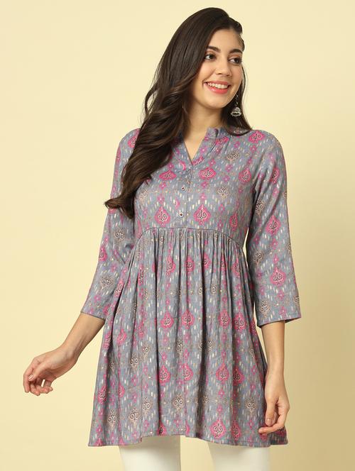 women grey printed flared tunic - 20996211 - Standard Image - 0