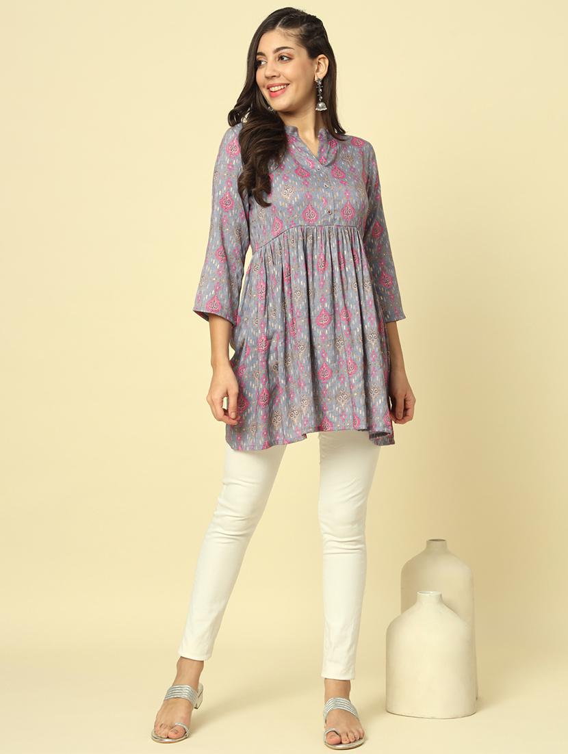 women grey printed flared tunic - 20996211 - Standard Image - 3