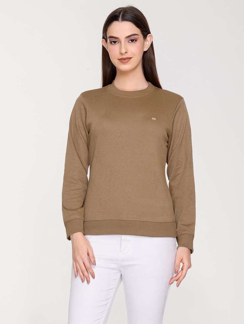solid brown round neck casual sweatshirt
