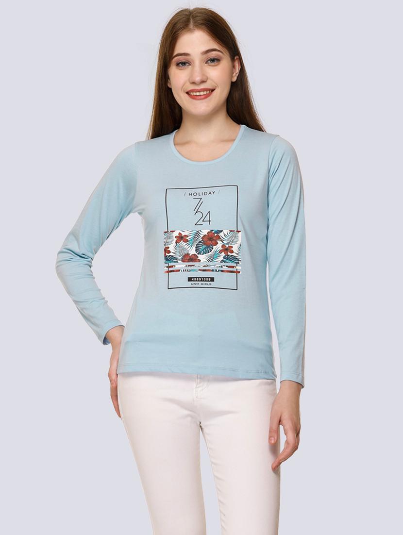light blue cotton blend chest print t-shirt - 20998338 - Zoom Image - 0