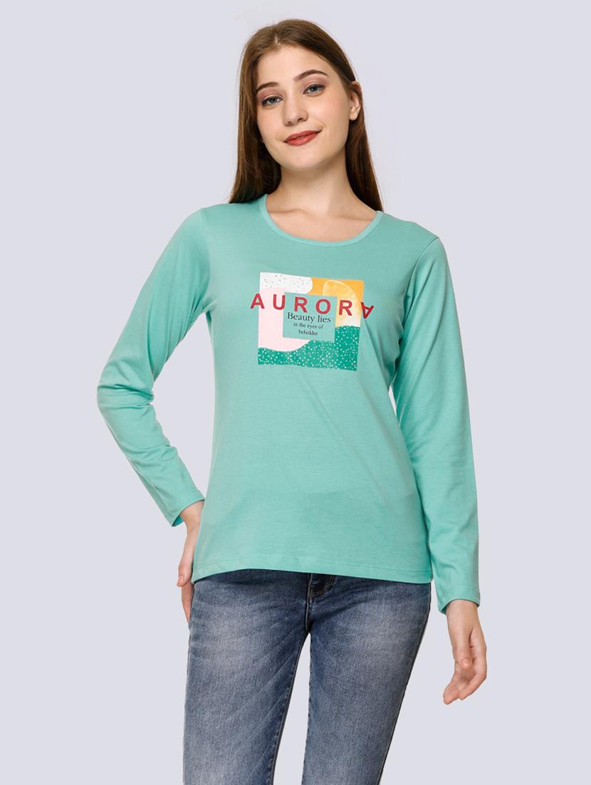 light green cotton blend chest print t-shirt - 20998339 - Zoom Image - 0