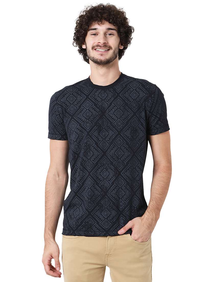 navy blue cotton all over print tshirt - 20998438 - Zoom Image - 0
