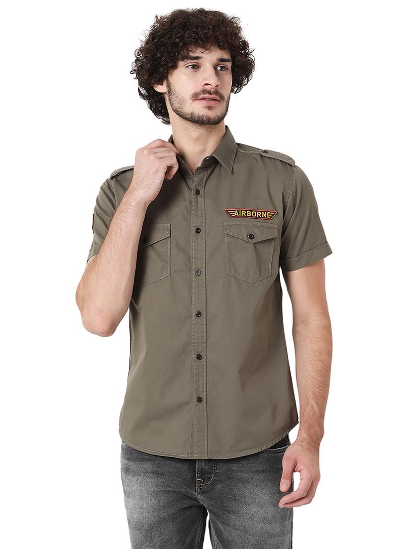 olive cotton casual shirt - 20998702 - Zoom Image - 0