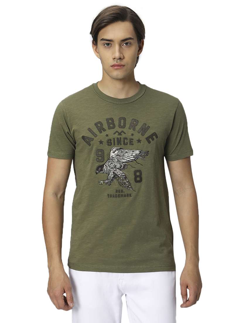 olive cotton front print t-shirt - 20998791 -  Zoom Image - 0