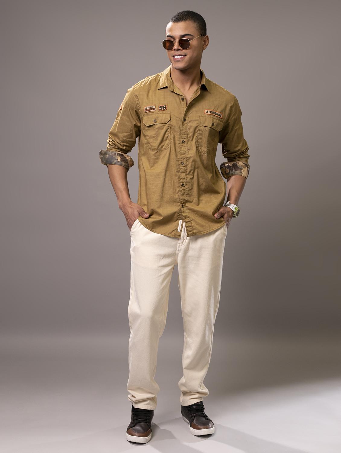 khaki cotton casual shirt - 20998884 - Standard Image - 3