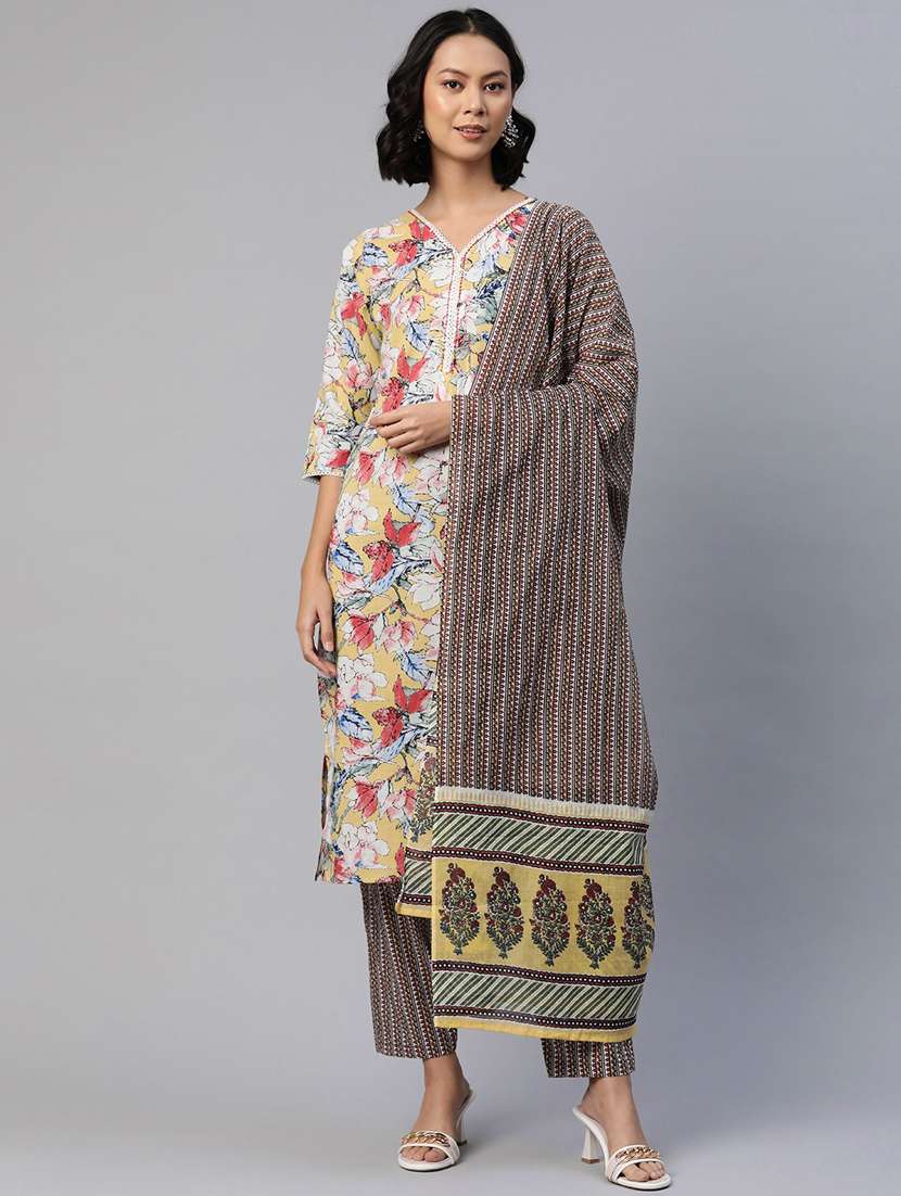 women three quarter sleeve kurta pant with dupatta set