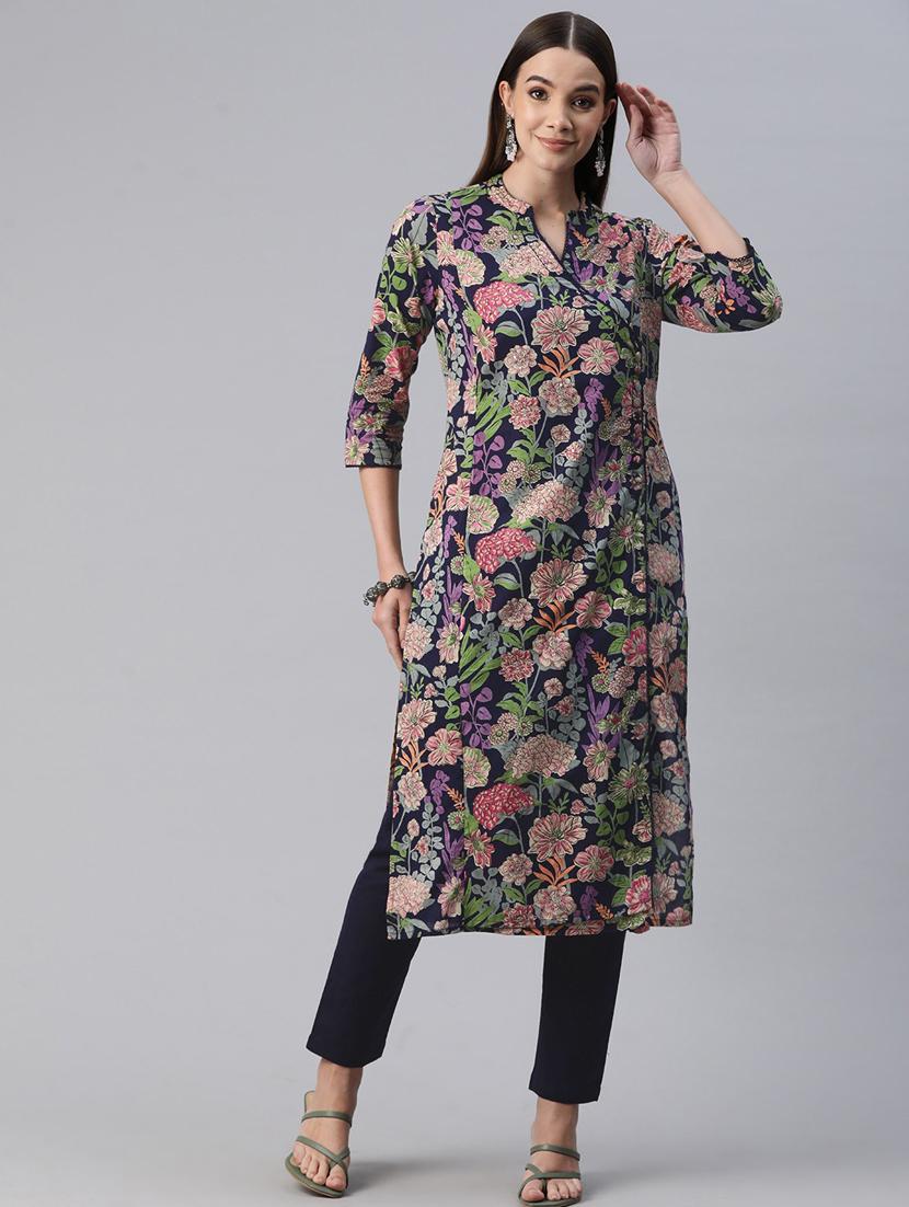 navy blue printed kurta pant set