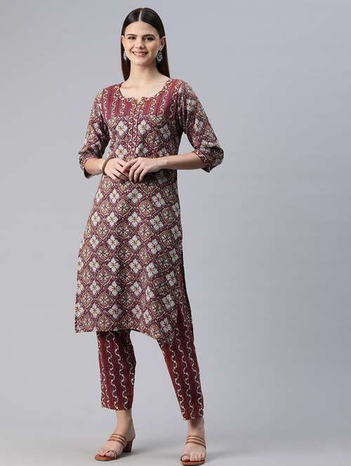 maroon printed kurta pant set - 20999775 -  Standard Image - 0