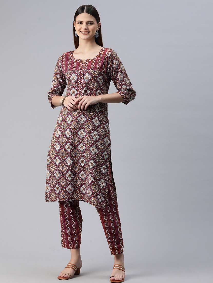 maroon printed kurta pant set