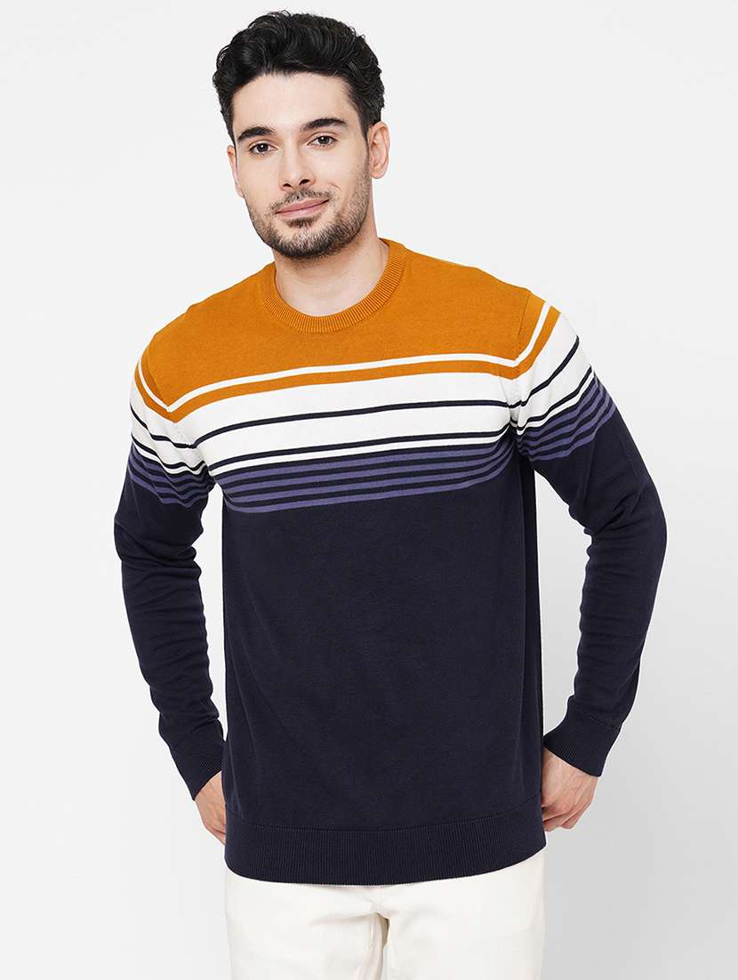 blue cotton color block pullover