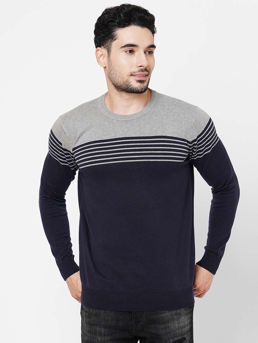 blue cotton color block pullover