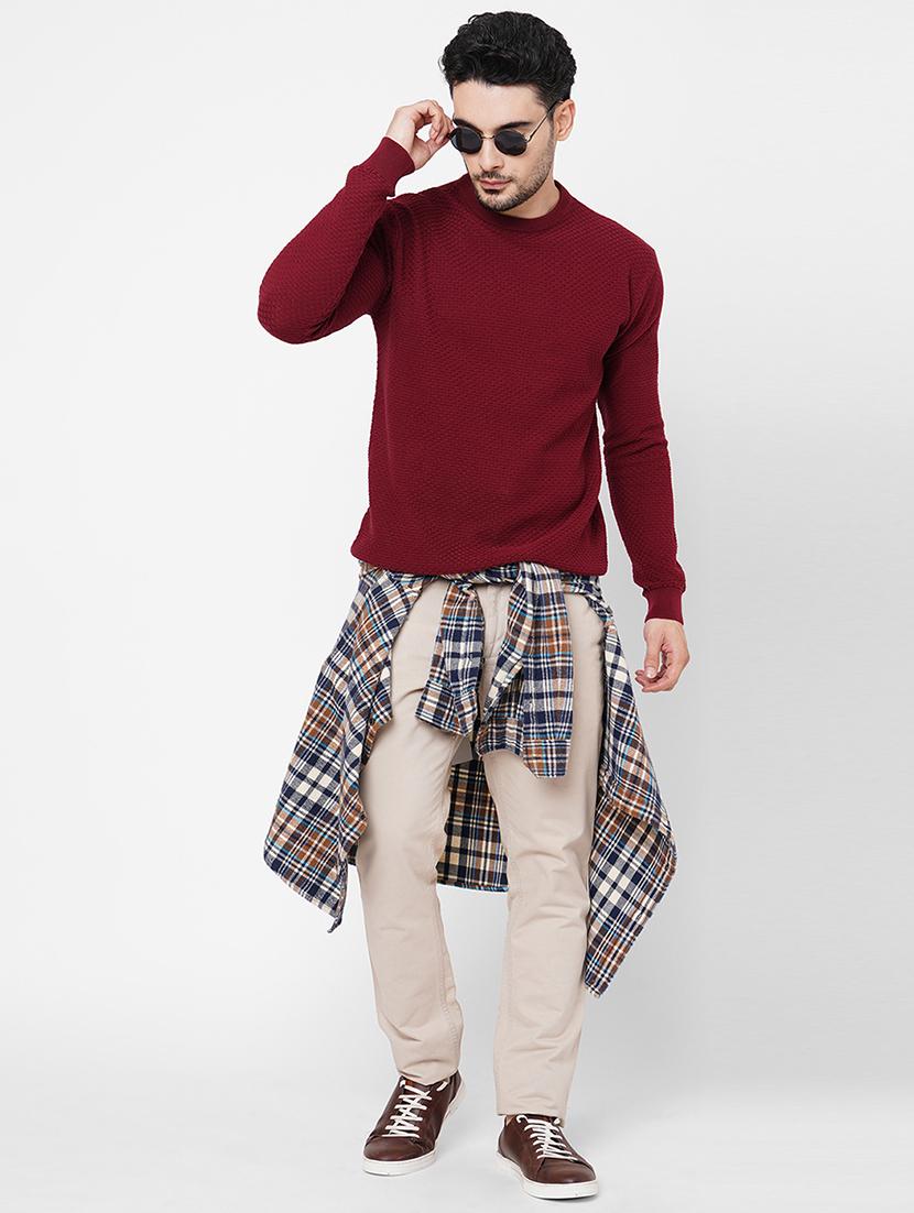 maroon cotton plain self design pullover - 21000425 - Standard Image - 3