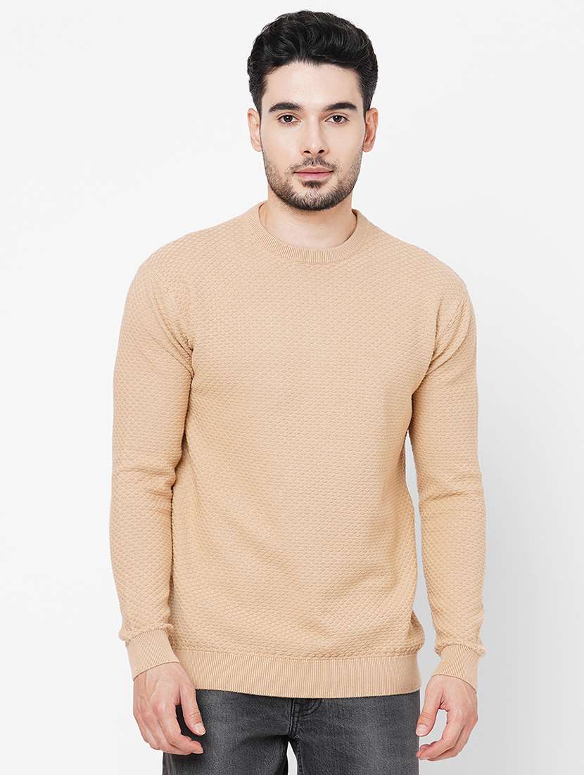 beige cotton plain self design pullover