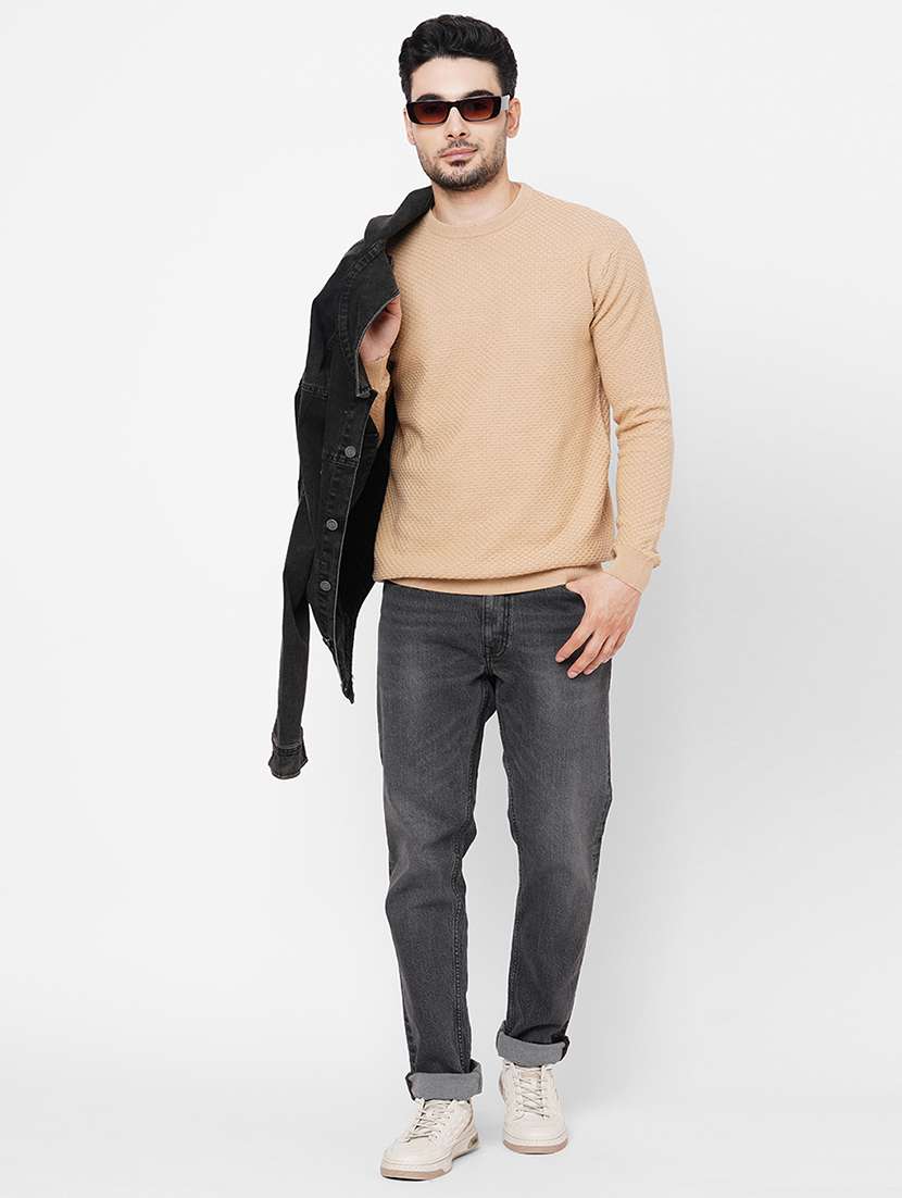 beige cotton plain self design pullover - 21000429 -  Standard Image - 3