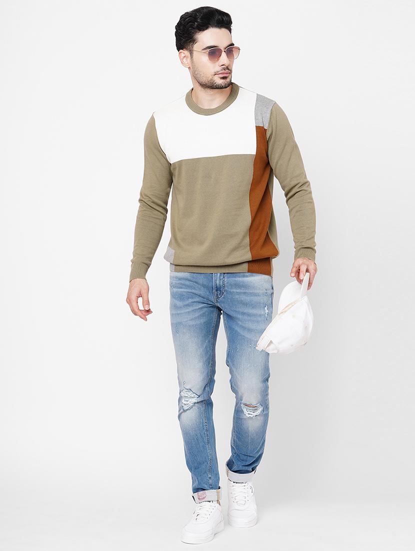 khakhi cotton color block pullover - 21000438 - Standard Image - 3