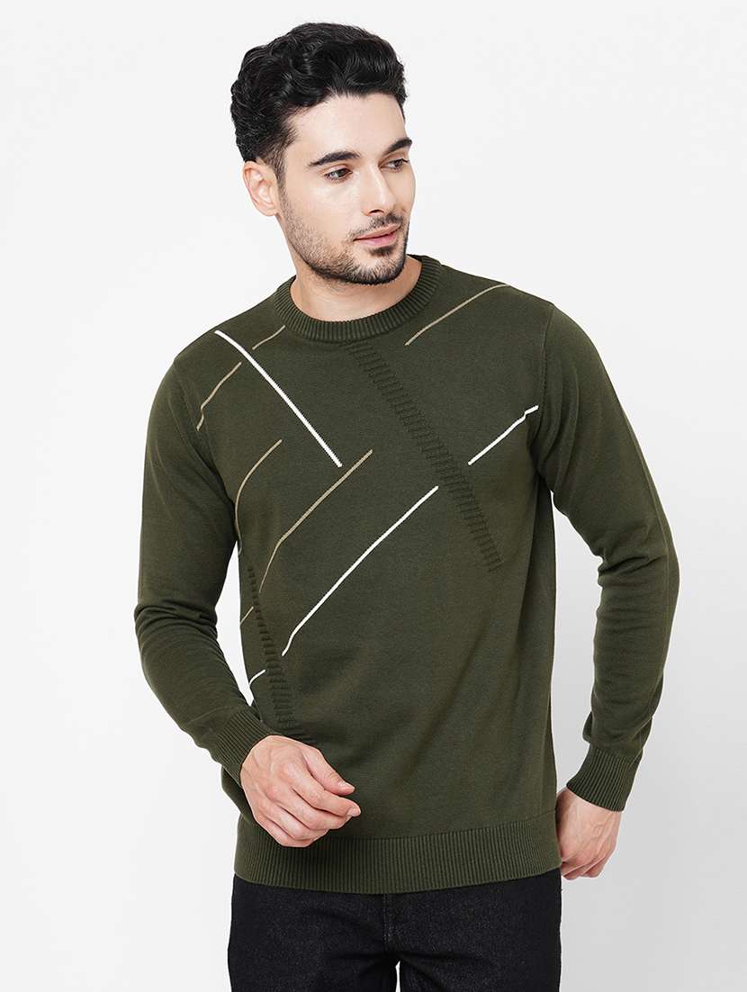 olive cotton self design pullover