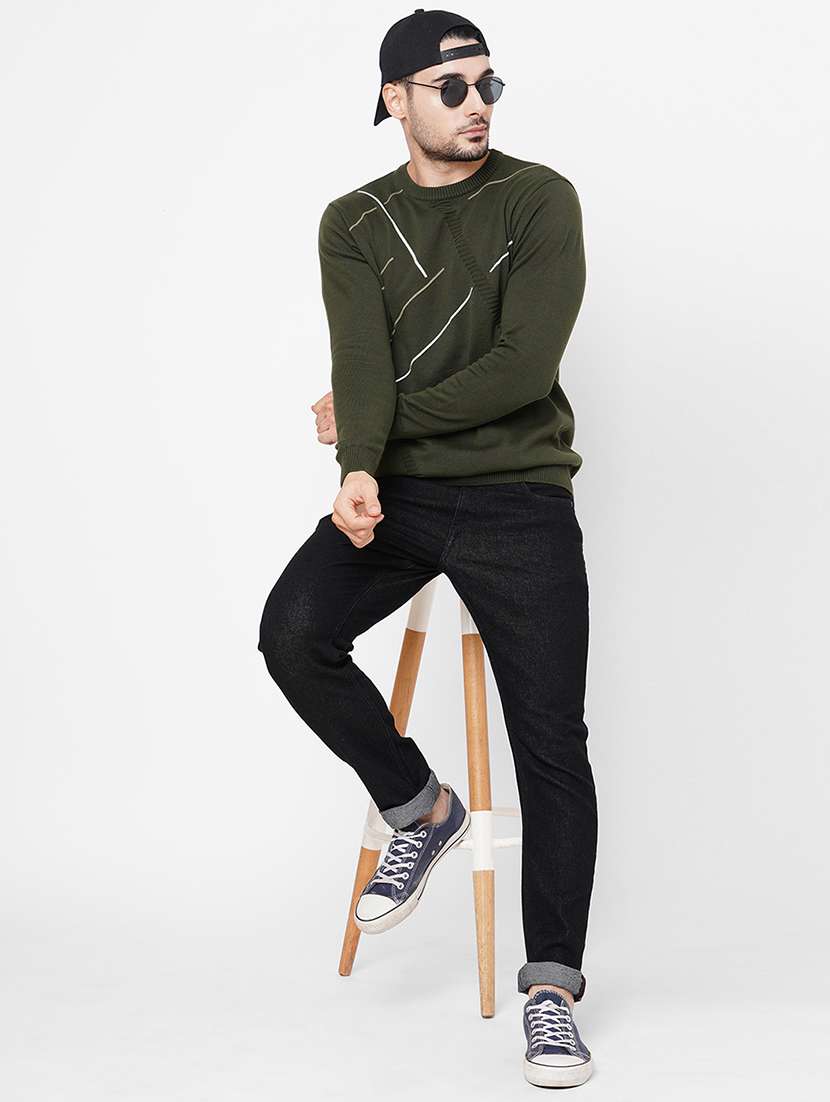 olive cotton self design pullover - 21000442 -  Standard Image - 3