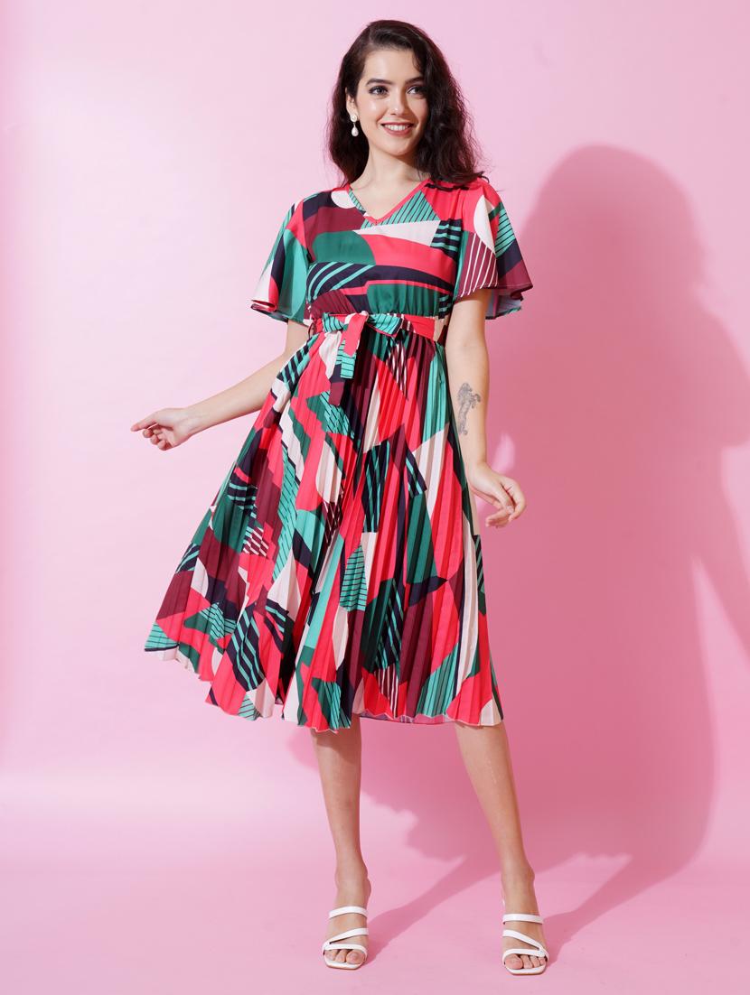 women printed v neck fit & flare dress - 21001014 -  Zoom Image - 0