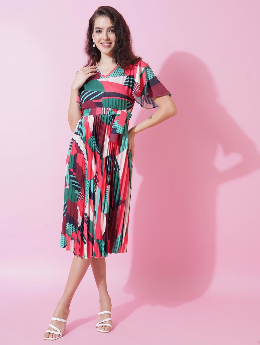 women printed v neck fit & flare dress - 21001014 - Standard Image - 3