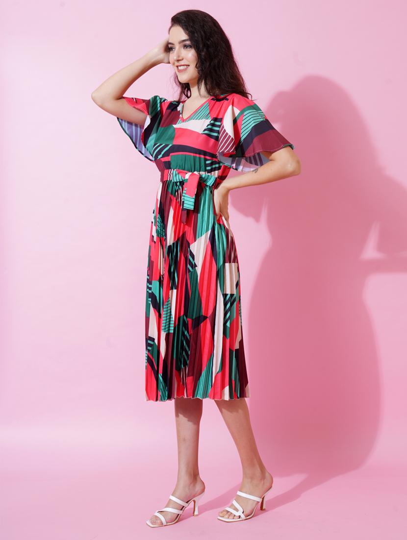 women printed v neck fit & flare dress - 21001014 - Standard Image - 5