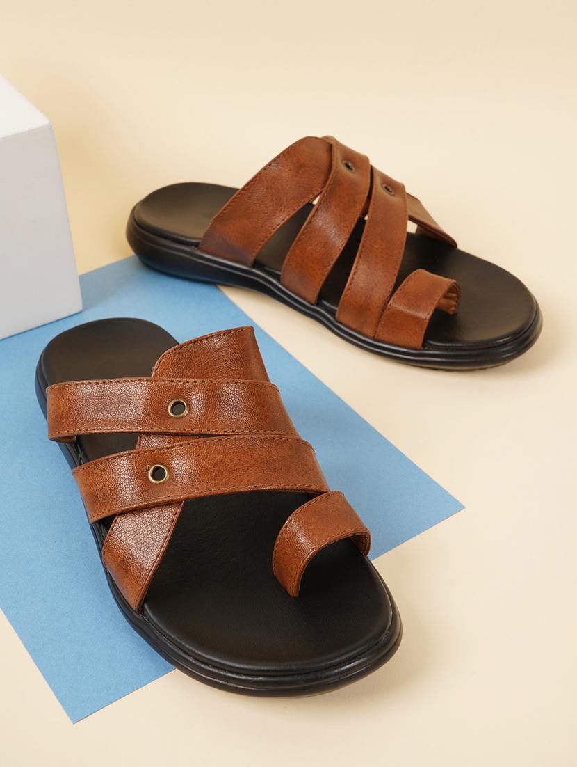 tan leatherette slip on flip flops - 21001586 - Zoom Image - 0