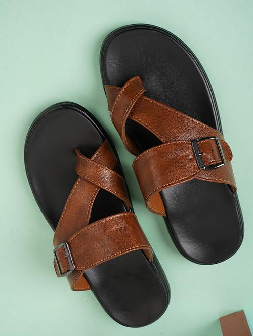 tan leatherette slip on flip flops - 21001608 - Standard Image - 0