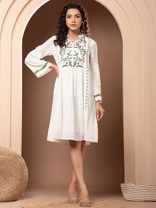 off white printed embroidered detailed dress - 21015927 -  Standard Image - 0