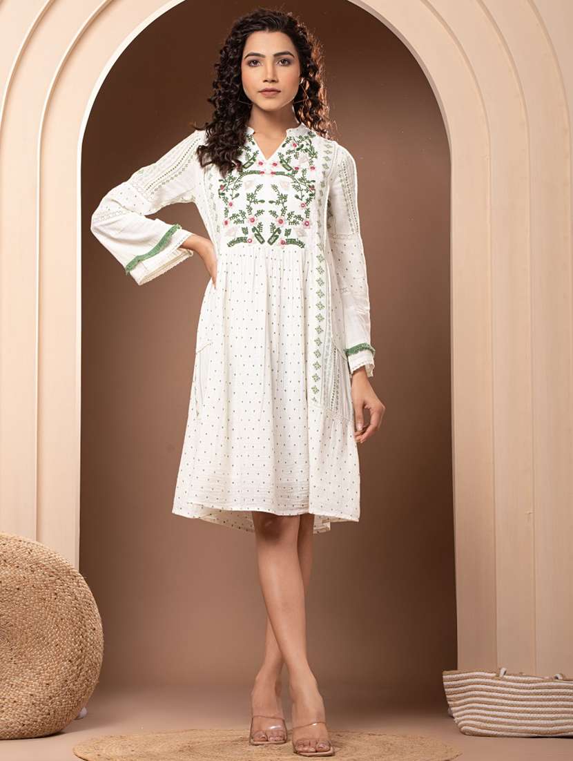 off white printed embroidered detailed dress