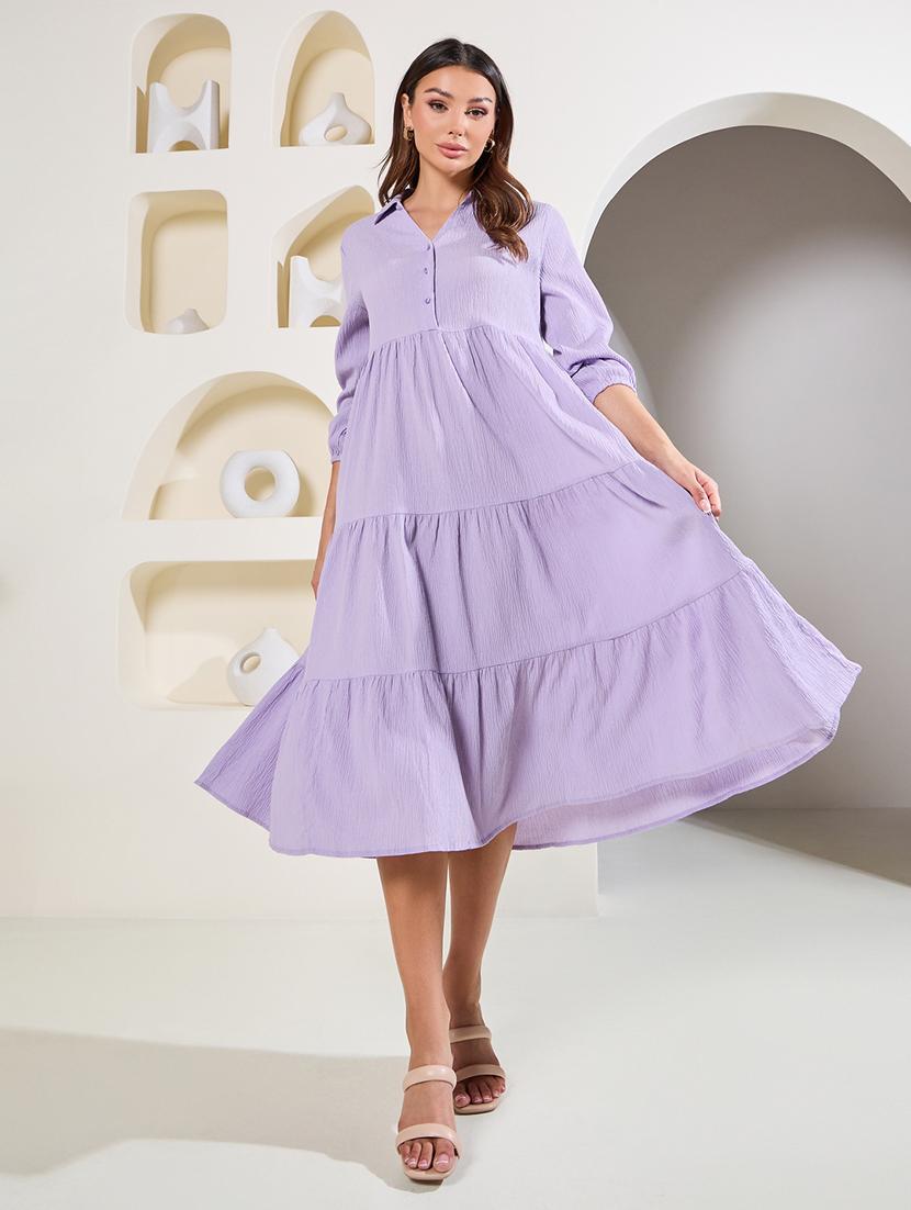 women solid bell sleeves tiered dress - 21015962 - Zoom Image - 0