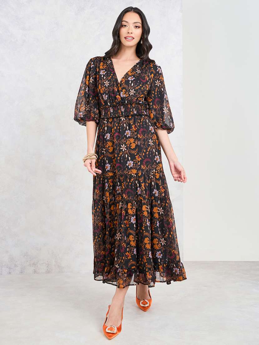 Women V Neck Floral Printed Tiered Dress