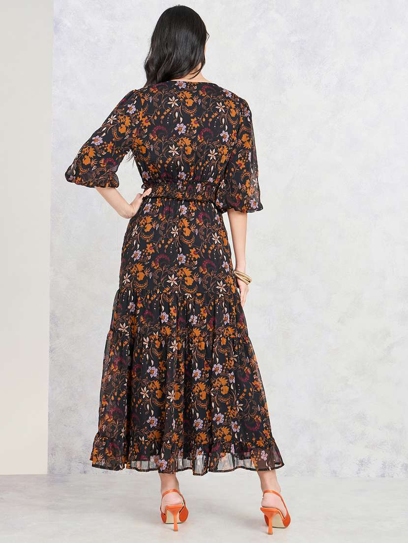Women V Neck Floral Printed Tiered Dress
