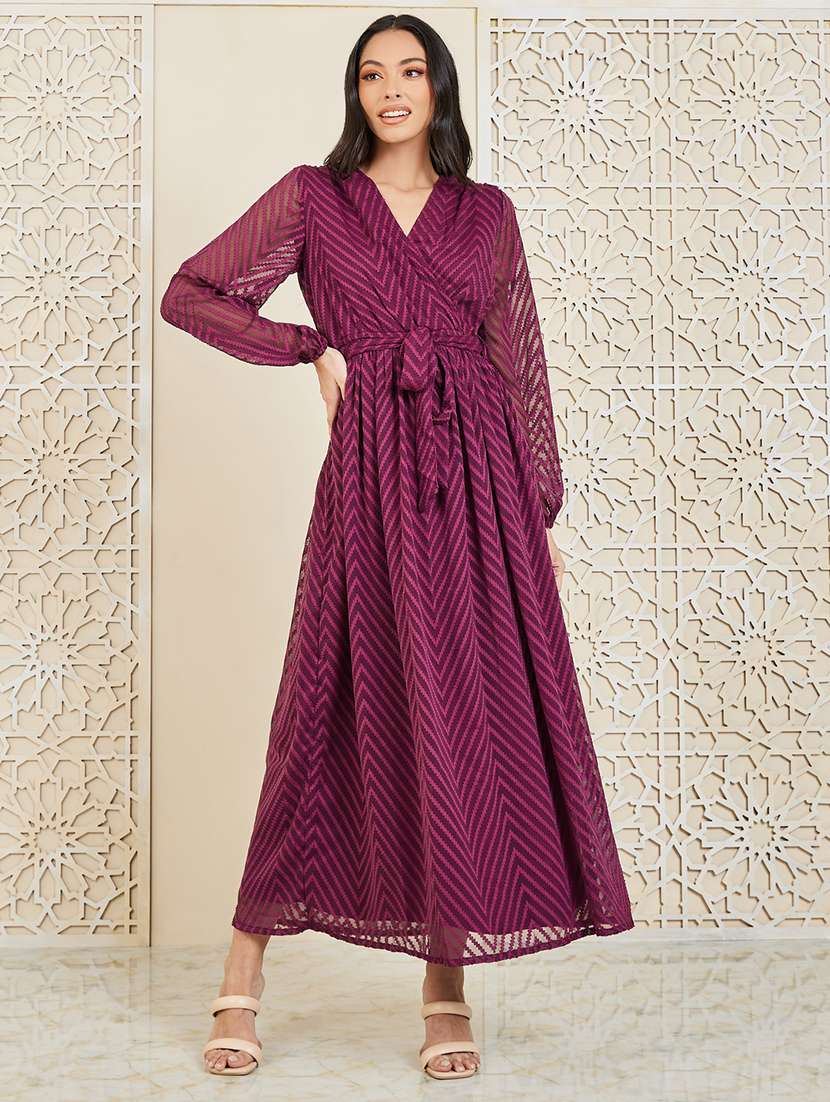 women v-neck chevron printed a-line dress
