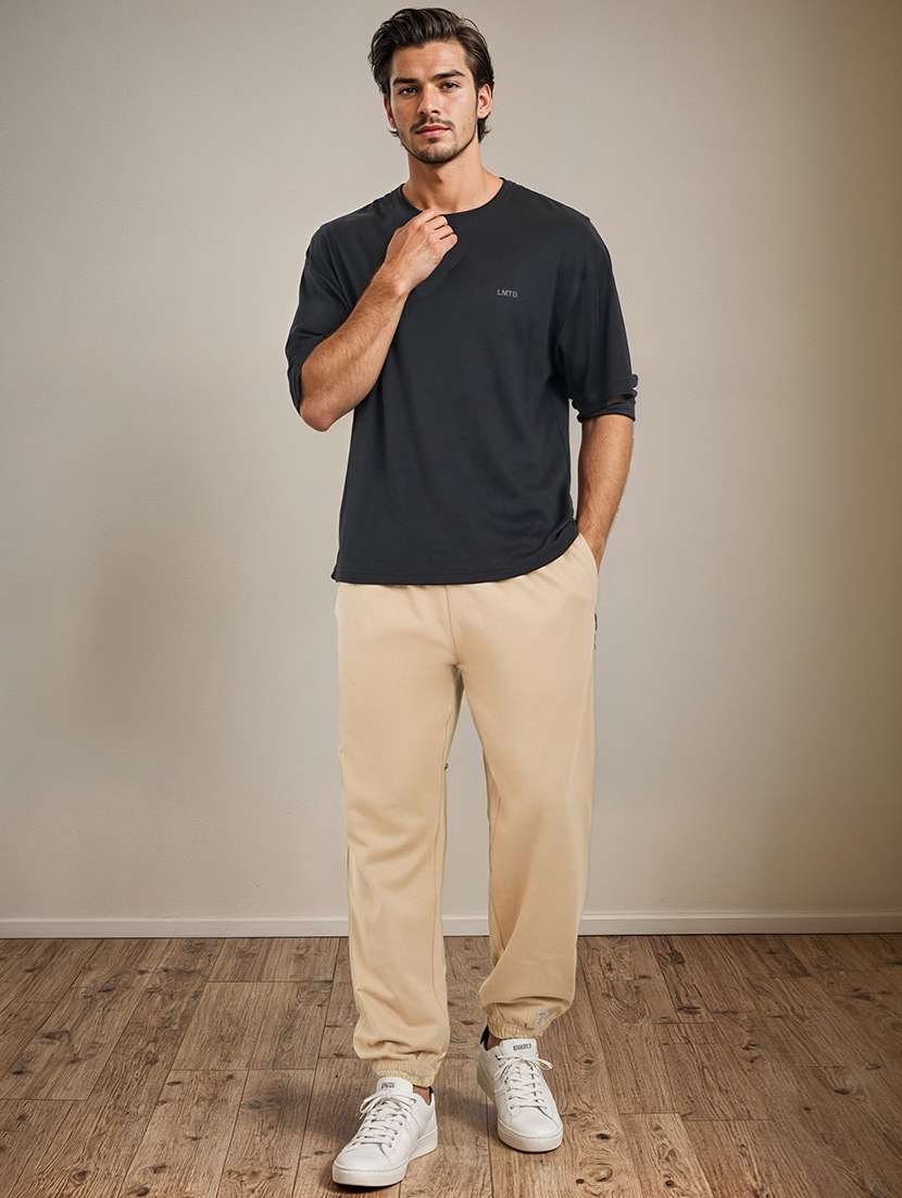 men solid beige regular jogger