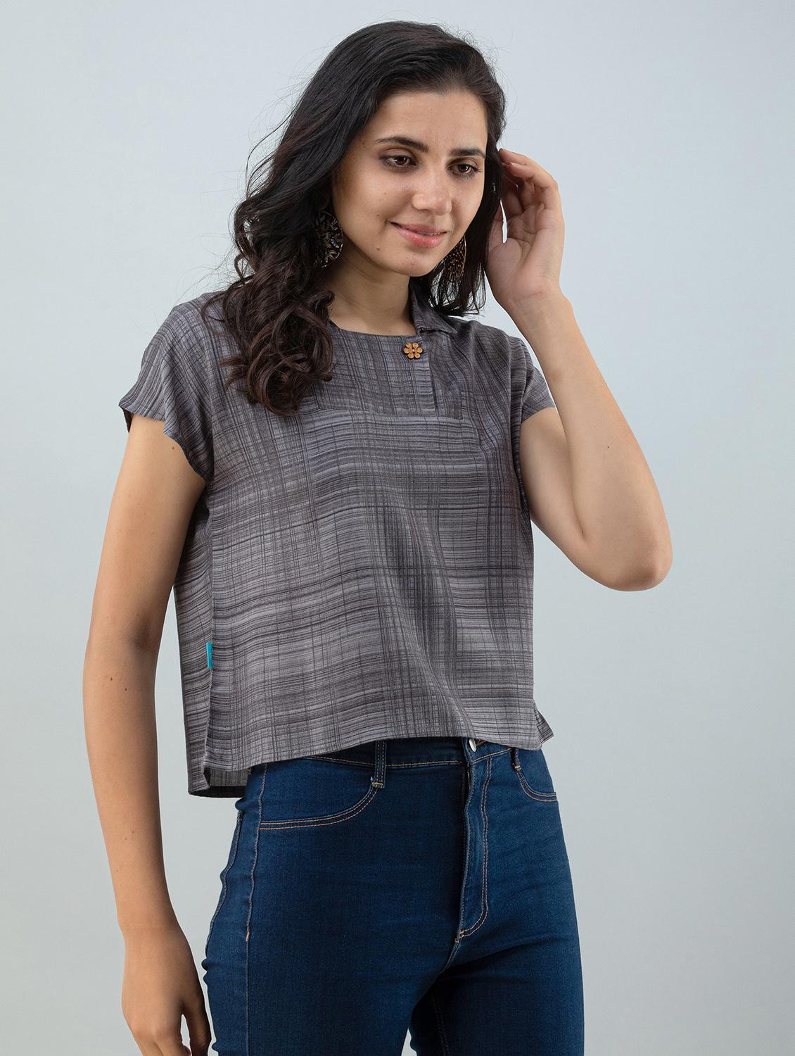 grey checked printed casual top - 21016420 - Zoom Image - 0