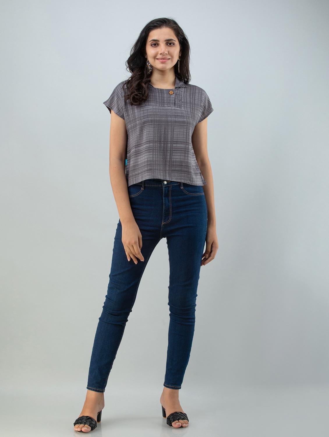 grey checked printed casual top - 21016420 - Standard Image - 3