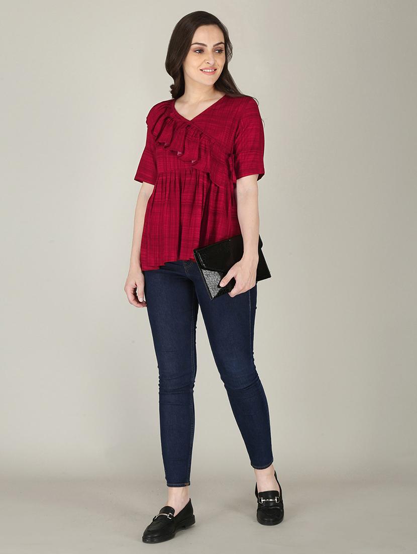 maroon checked printed peplum top - 21016421 - Standard Image - 3