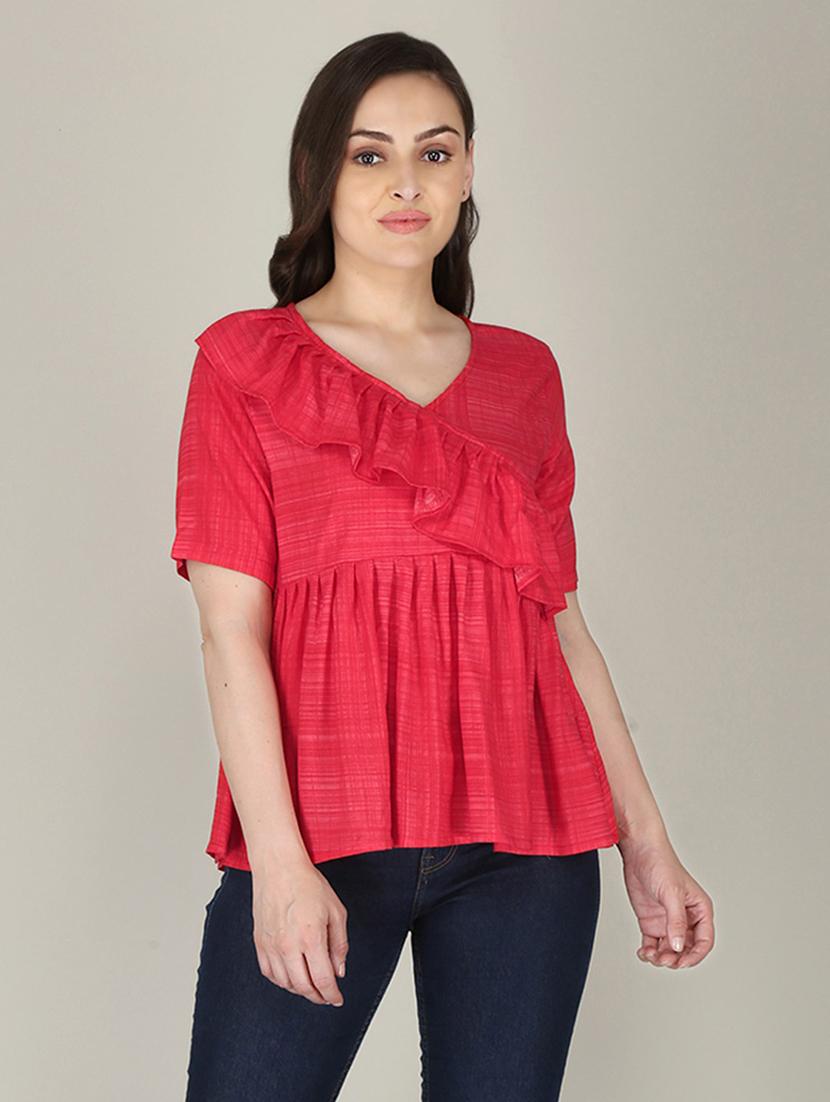 pink checked printed peplum top - 21016428 - Zoom Image - 0