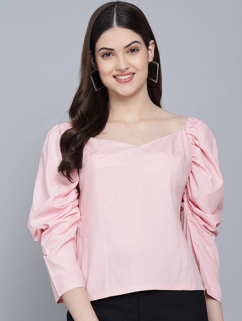women solid pink casual top