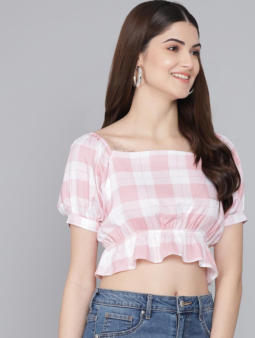 white checked printed casual crop top