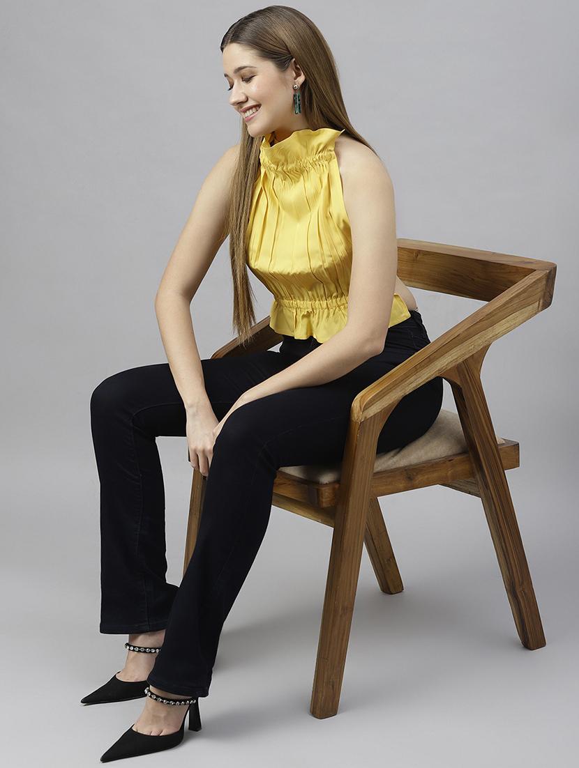 solid yellow detailed backless casual top - 21016482 - Standard Image - 3