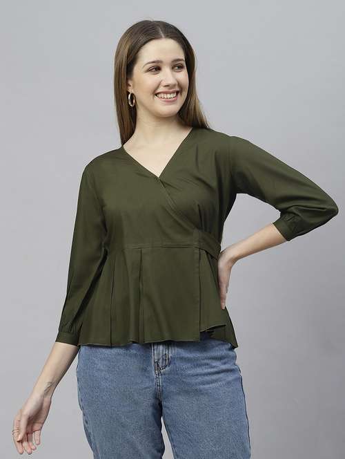 solid dark green detailed peplum top - 21016487 -  Standard Image - 0