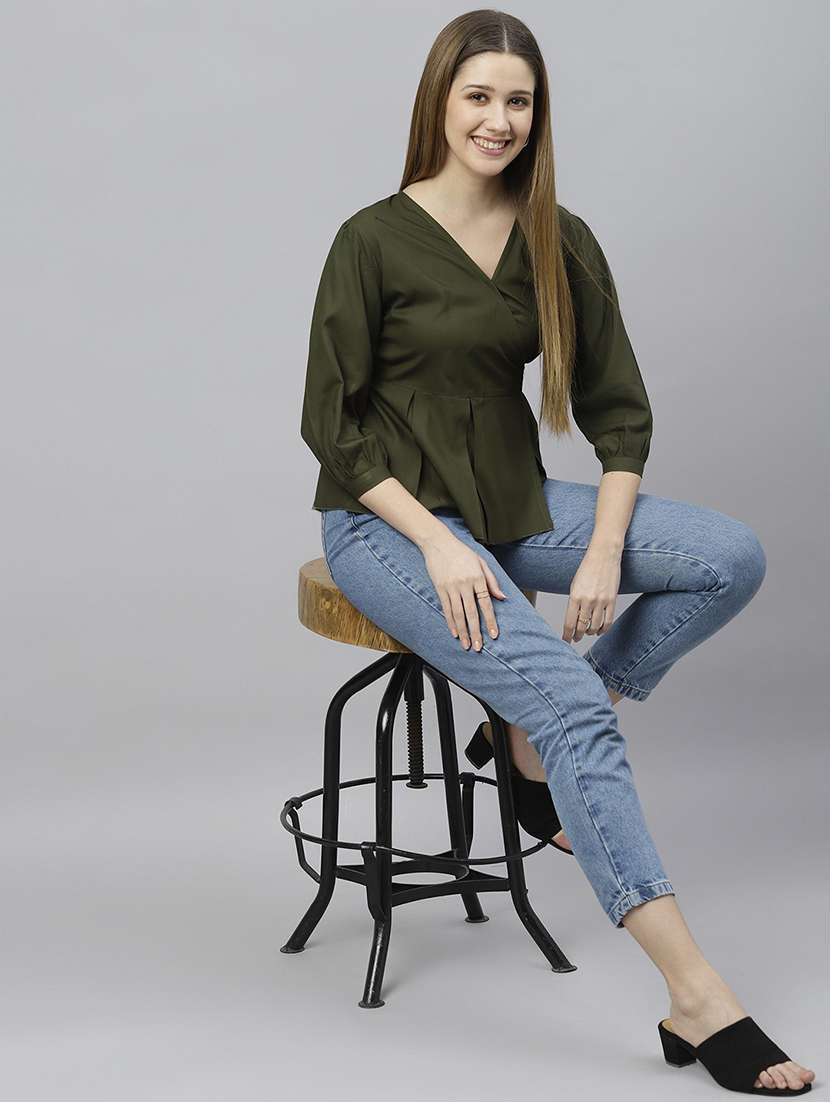 solid dark green detailed peplum top - 21016487 -  Standard Image - 3