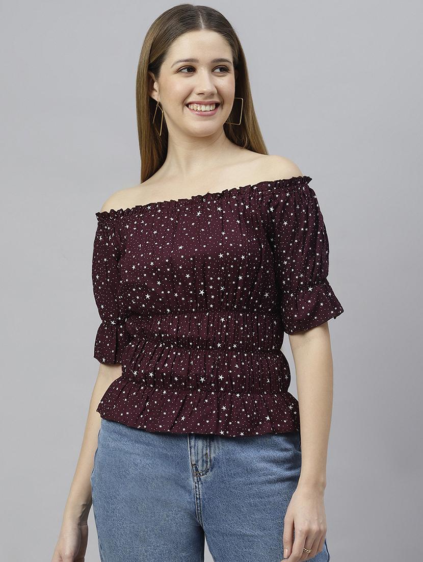 burgundy printed detailed casual top - 21016494 -  Zoom Image - 0