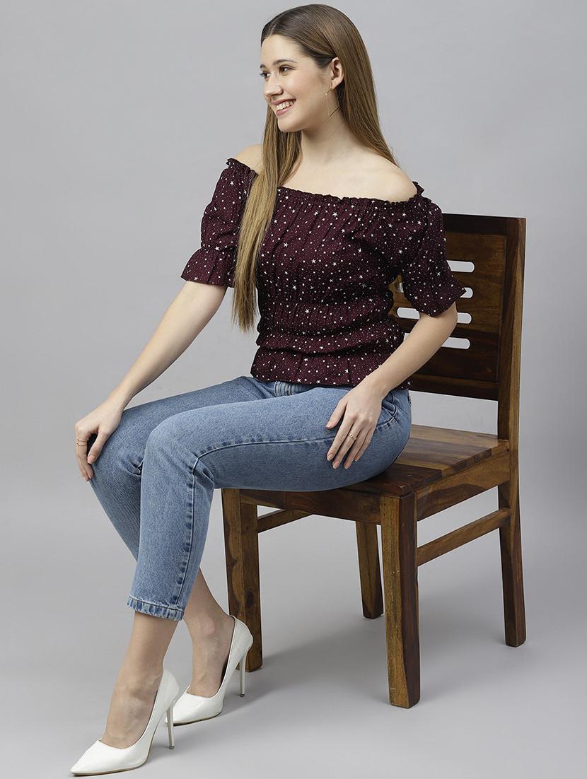 burgundy printed detailed casual top - 21016494 - Standard Image - 3