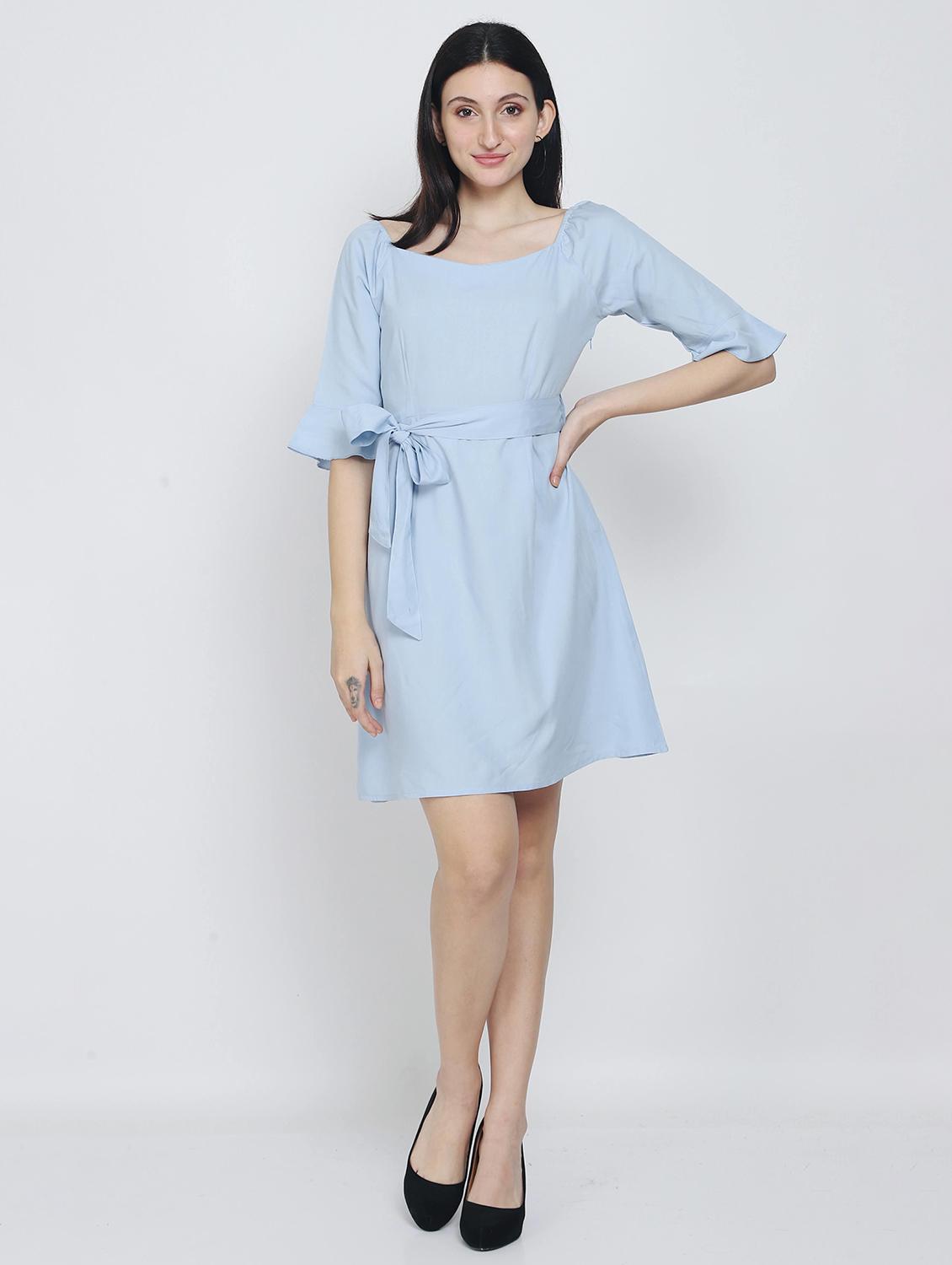solid purist blue detailed a-line dress - 21016666 -  Zoom Image - 0