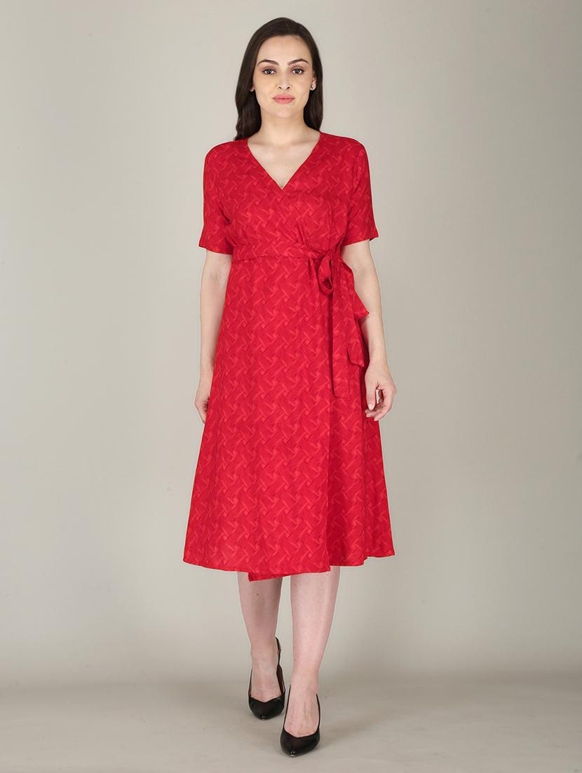 red printed detailed a-line midi dress - 21016678 -  Zoom Image - 0