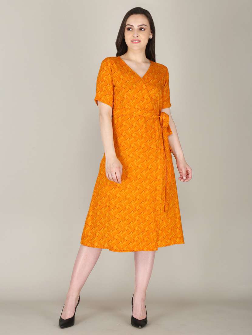 women orange printed a-line dress