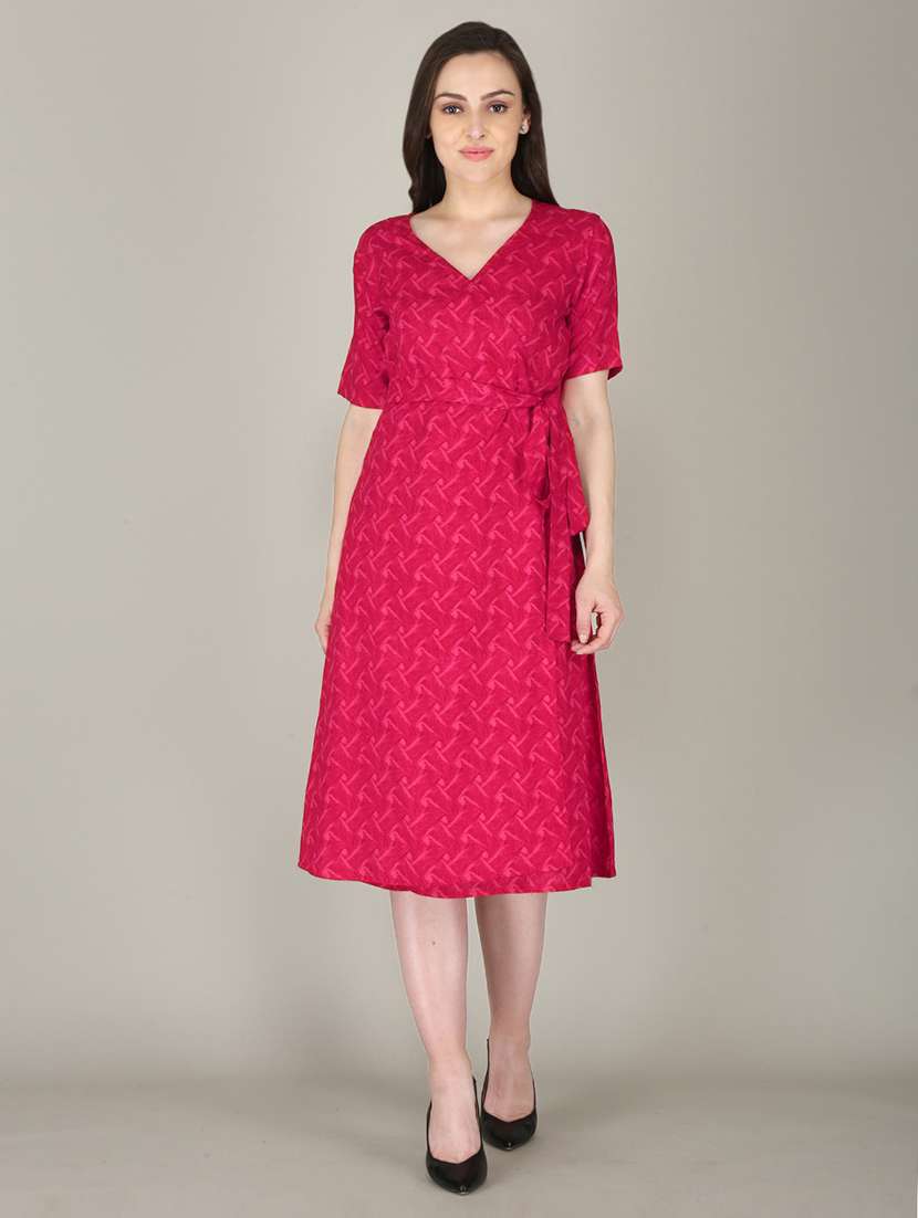 pink printed detailed a-line midi dress